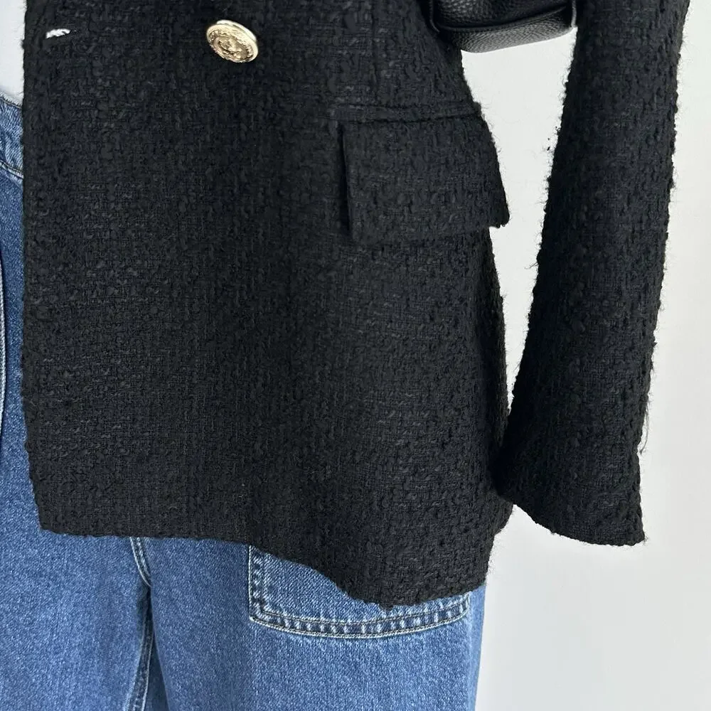 Zara Tweed Jacket Womens Medium Double Breasted Boucle Equestrian Academia Chic - Picture 5 of 16
